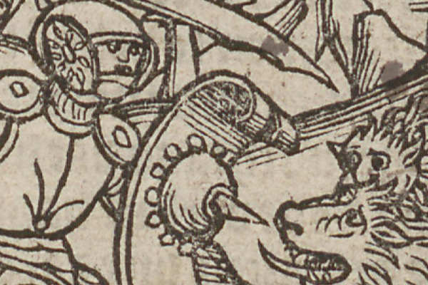 illustratie van ridder met schild en twee leeuwen