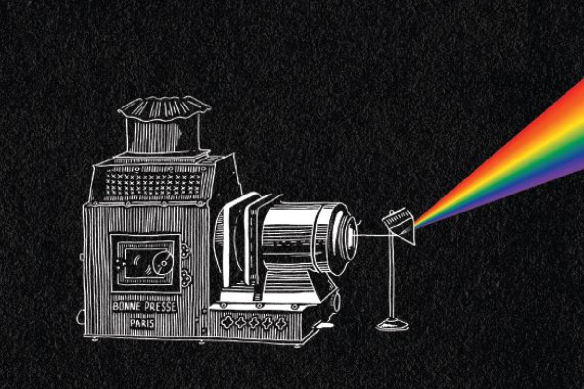 Illustratie van een toverlantaarn waaruit een regenboog komt