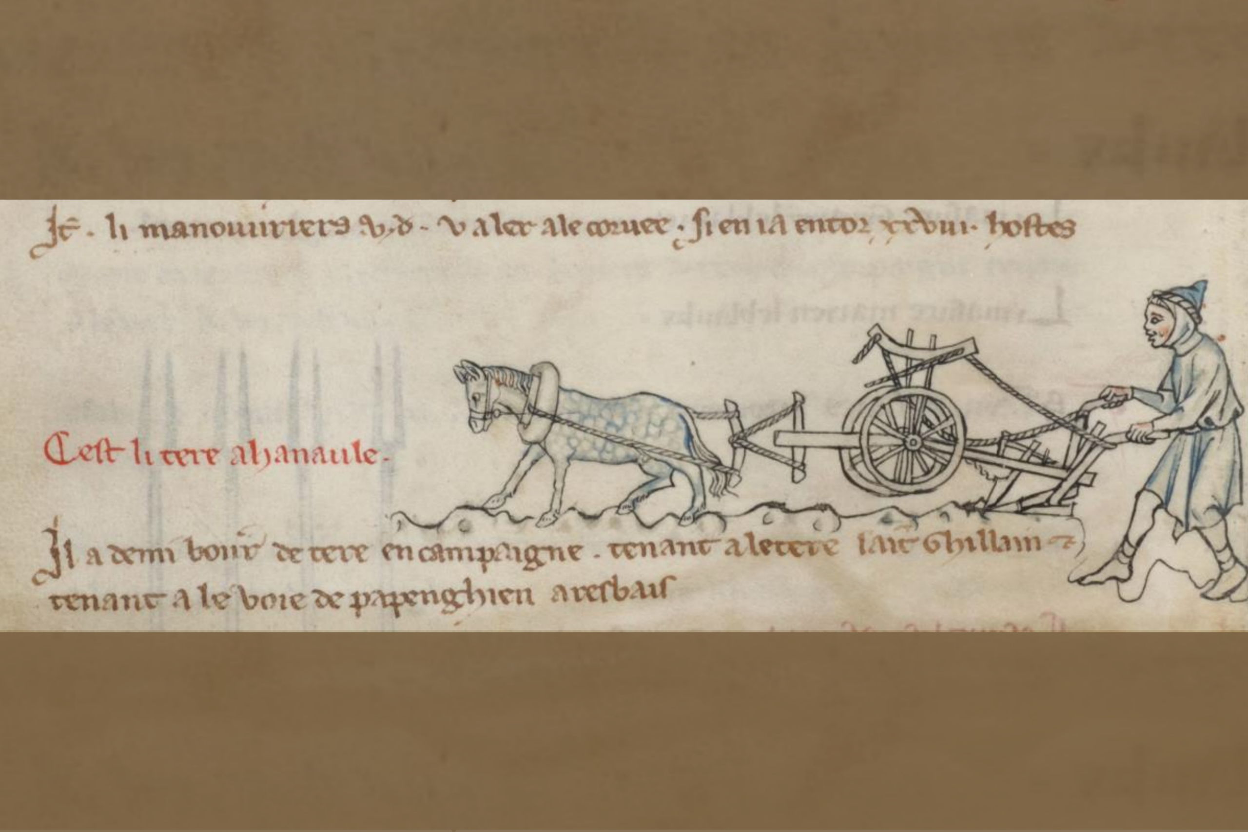 Middeleeuwse tekst met illustratie van een boer die het veld ploegt