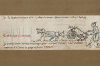 Middeleeuwse tekst met illustratie van een boer die het veld ploegt